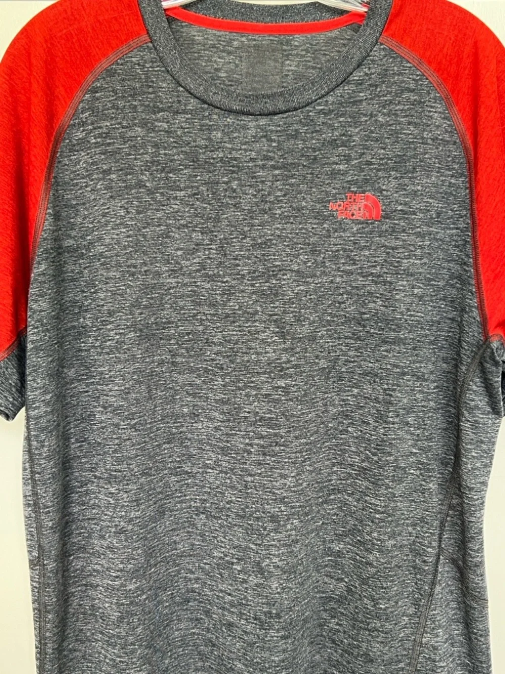 The North Face Men’s Short-Sleeve Tee Shirt — Gray Body with Red Sleeves